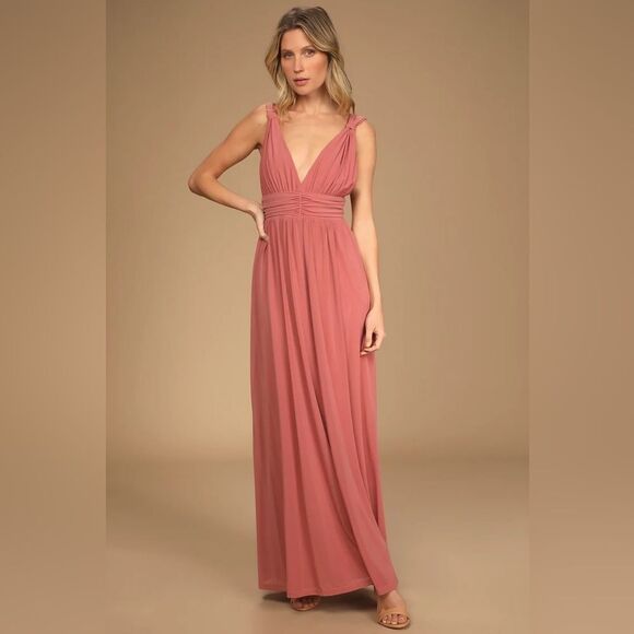 Lulu’s Mesmerized by Love Rusty Rose Mesh Lace-Up Maxi Dress NWT XS - Picture 1 of 16
